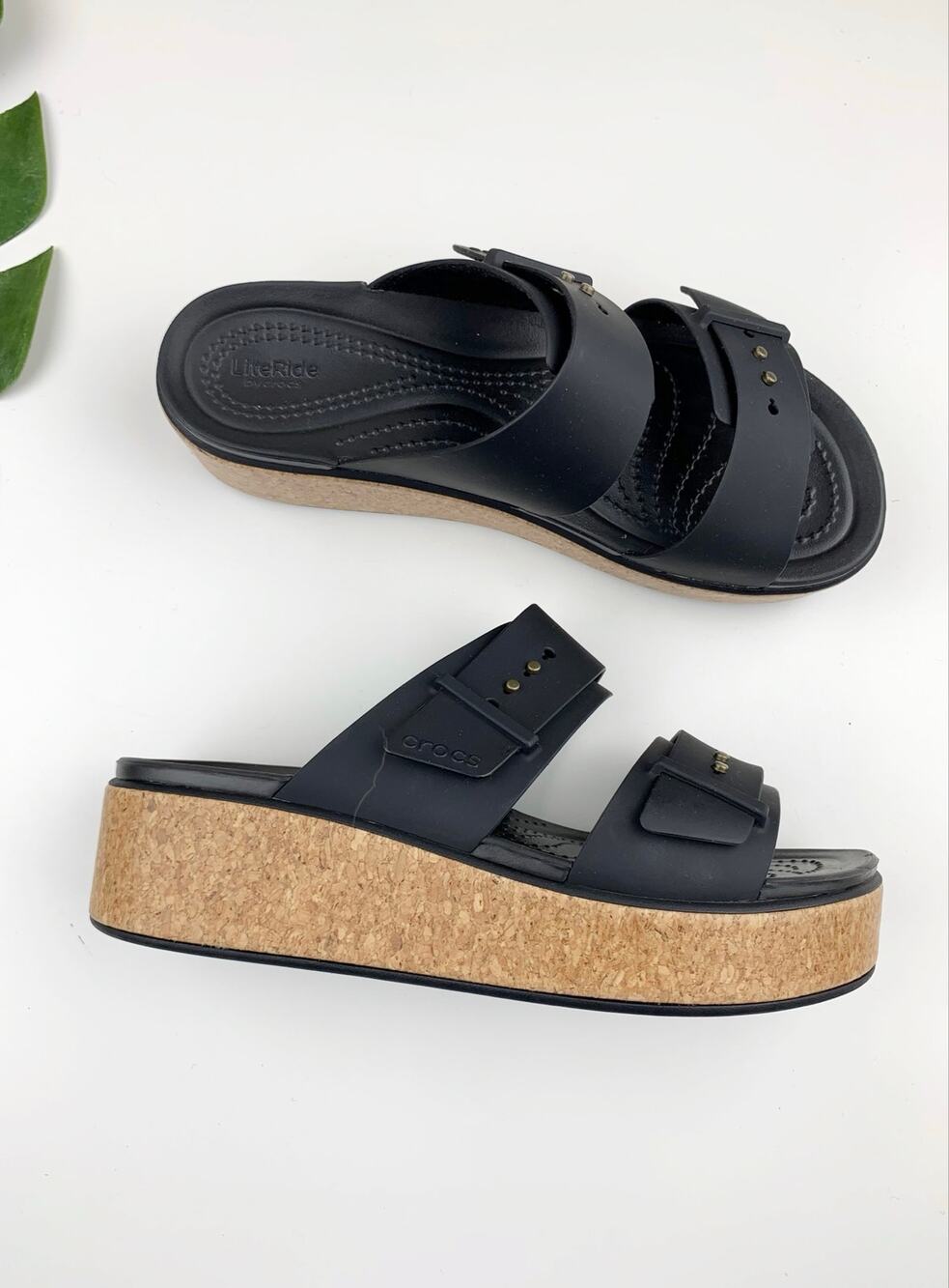 Crocs Literide Brooklyn Buckle Wedge Cork Sandals Black Platform Women's 8